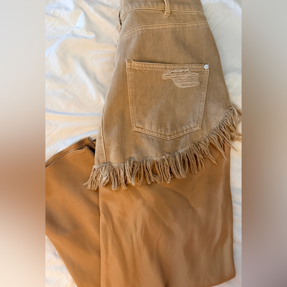 Pilcro Camel Twofer Slip Midi Skirk with Denim Fringed Overlay NWOT - Picture 5 of 6